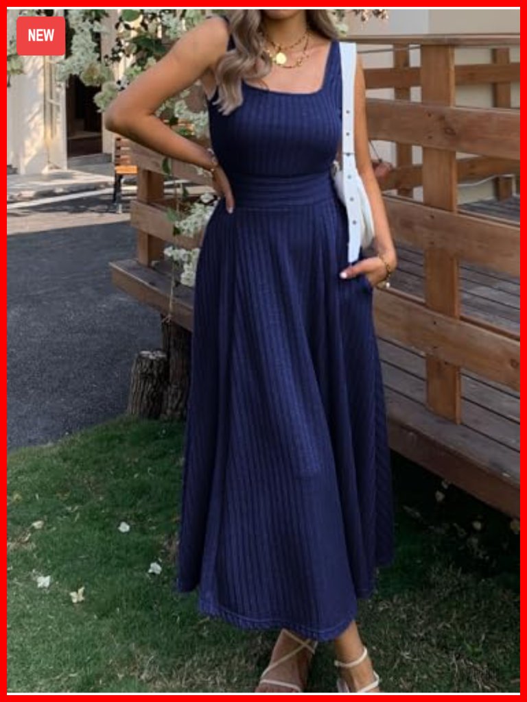 Square Neck Sleeveless Maxi Dress With Pockets Casual Boho A-Line